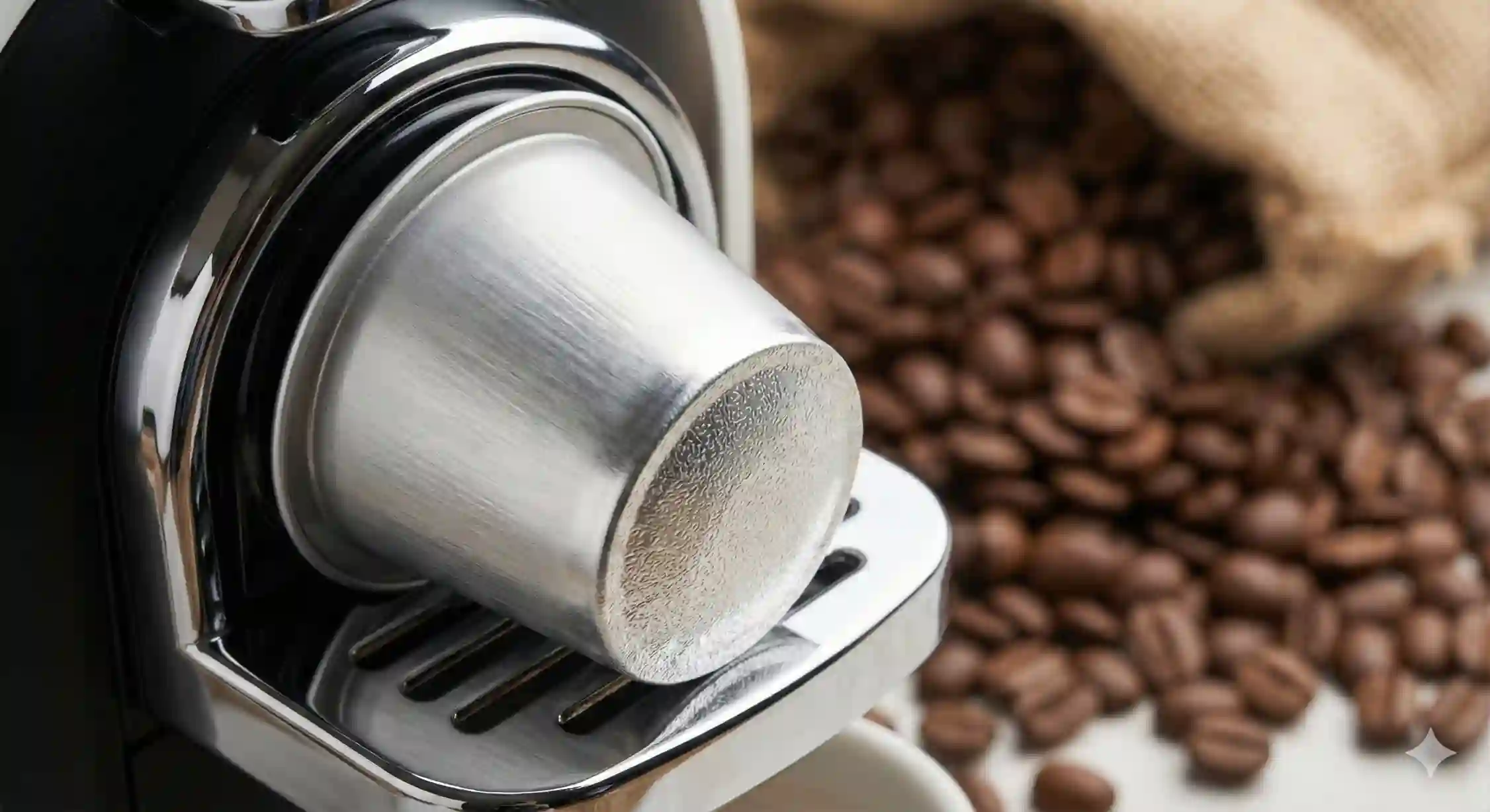 نمای نزدیک از قرار دادن کپسول قهوه آلومینیومی در دستگاه اسپرسوساز برای حفظ عطر و طعم.